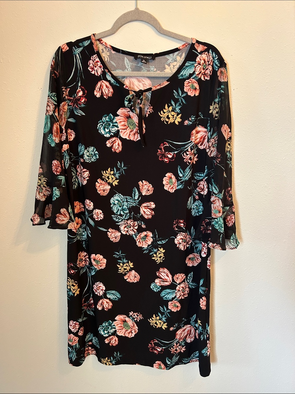 Roz & Ali Black Dress with Teal and Coral Floral Accents